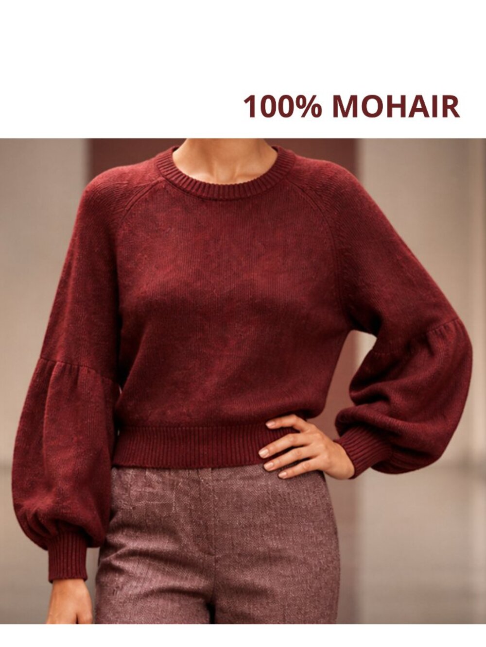 New Burgundy Mohair Wool Balloon Sleeves Crew neck Sweater